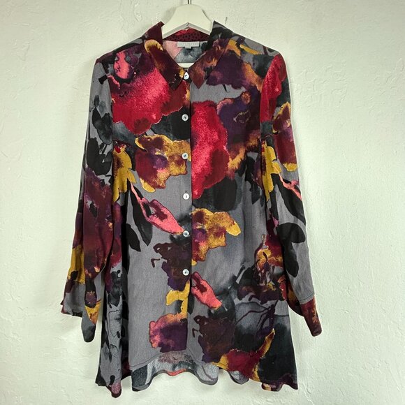 Habitat Womens Abstract Floral Button Down Tunic Top Medium Art To Wear Red Gray - Picture 1 of 8